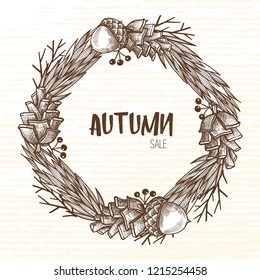 Autumn wreath of forest elements. Leaves, acorns, branches and berries. Beautiful script Autumn.