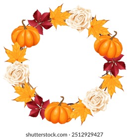 Herbstkranz, Rahmen mit orangefarbenen Kürbissen, weißen Rosen, roten und gelben Blättern in einem kreisförmigen Muster angeordnet, ideal für Herbstdekorationen, Thanksgiving oder Ernte-Themen-Designs.