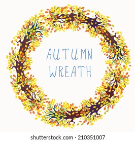 Autumn wreath frame with tree and leaves