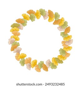 Autumn wreath of ginkgo biloba leaves. Floral circle frame isolated white on background. Fall design at soft and soothing abstract leaf, nature inspired