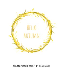 Autumn wreath with gold ears of wheat, barley or rye and blades of grass. Card with text hello autumn. Turquoise background.  Vector illustration. Harvest card. Autumn clip art. 