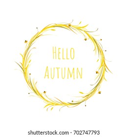 Autumn wreath with gold ears of wheat, barley or rye, blades of grass and flowers. Card with text hello autumn. Turquoise background.  Vector illustration. Harvest card. Autumn clip art. 