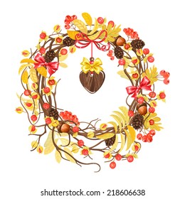 Autumn wreath  with heart pendant, pine cones, rowan, acorns and oriental bittersweets.