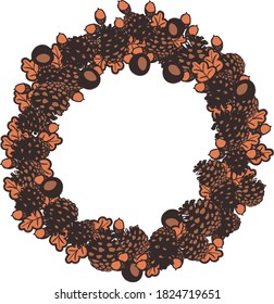 Autumn wreath illustration with pinecones, leaves, conkers, and acorns. Surface print design for labels, cards, gift tags, and placement prints.
