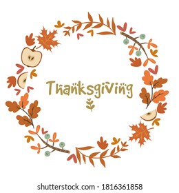 Autumn wreath and inscription Thanksgiving isolate on white background. Vector graphics.