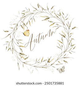 Autumn wreath invitation designed with Watercolor leaves isolated on white background. Watercolor hand-painted floral wreath. Suitable for wedding card design, invitations, Save the date.