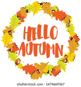 

Autumn wreath leaves acorns ladybug lettering hello autumn vector art