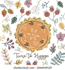 Autumn wreath of leaves and berries with piece of the pumpkin pie. Hello autumn. Colorful pumpkin flyer, cards. Harvest season template in flat hand drawn style. Hygge, cozy autumn. Thanksgiving card.