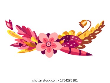 Autumn wreath with leaves and mushroom. Beautiful composition isolated on white background. Yellow and red colors. Vector illustration.