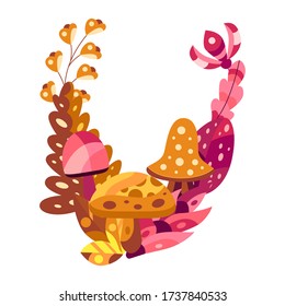 Autumn wreath with leaves and mushroom. Beautiful composition isolated on white background. Yellow and red colors. Vector illustration.