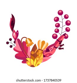Autumn wreath with leaves and mushroom. Beautiful composition isolated on white background. Yellow and red colors. Vector illustration.