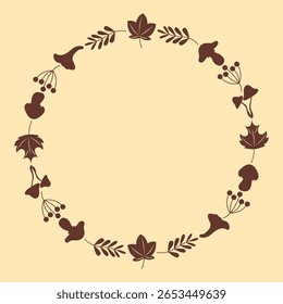Coroa de outono com folhas, cogumelos, bagas e plantas florestais. Quadro de círculo sazonal para cartões de saudação de queda, convites, cartazes, design de natureza rústica simples isolado no fundo bege.
