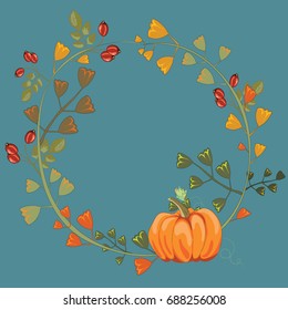 Autumn wreath with leaves, pumpkin, rose hips, chestnuts and acorns. Vector illustration on blue background.