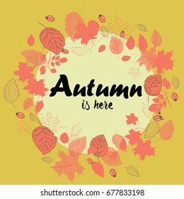 Autumn wreath made from the red leaves with rose hips. Vector illustration on yellow background. Autumn is here