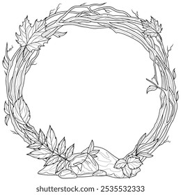 Autumn wreath made of twigs.Coloring book antistress for children and adults. Illustration isolated on white background.Zen-tangle style. Hand draw