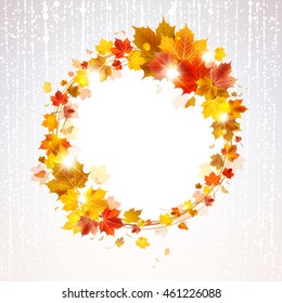 autumn wreath of maple leaves with butterflies on a light background