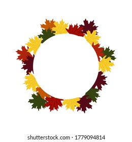 Autumn wreath of maple leaves, different colors. Isolated on a white background. Vector illustration. In the style of a hand drawing.