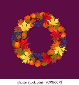 Autumn wreath with maple leaves, oak leaves, viburnum and physalis. Vector illustration.