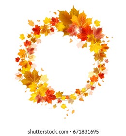 autumn wreath of maple leaves on a white background