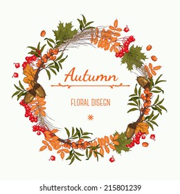  Autumn wreath of  mountain ash, buckthorn and acorns, can be used as greeting card, invitation card for wedding, birthday and other holiday. Vector illustration.