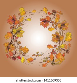 Autumn wreath of oak leaves and acorns on a light brown background, drawn on paper.