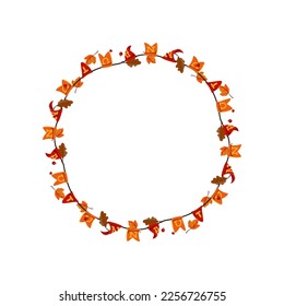 Autumn wreath with oak leaves and flags. Vector illustration of fall garland. Cartoon garland with leaves and flags isolated on white. Thanksgiving decor concept