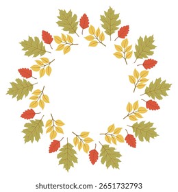 Autumn wreath with oak leaves. Autumn leaf circle frame. Wreath with foliage in autumn colors for fall season greeting card, invitation, postcard, poster, Thanksgiving, and Halloween design.
