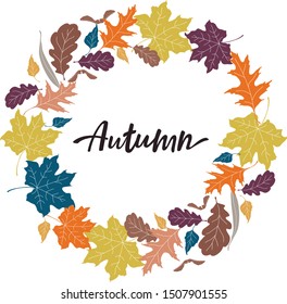Autumn wreath with oak, maple, birch leaves, on white background. Perfect for Thanksgiving Day invitation and holiday greeting cards. - Vector