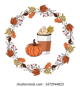 Autumn wreath on a white background. Additional items: pumpkin. coffee, leaves. llustration can be used for invitation, booklet. Drawn in vector