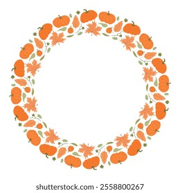 Autumn wreath of orange pumpkins and fall leaves on a white background, ideal for festive designs, invitations, and seasonal decor.