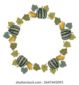 Autumn wreath with pumpkin and corn harvest. Fall circle frame flat vector design. Autumn pumpkin round frame for seasonal decorations, invitations, greeting cards, and Thanksgiving design projects.