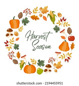 Autumn wreath with pumpkins, acorns, corn cobs, pine cones, rowan, acorns, mushrooms, rosehip and leaves. Flat style vector illustration for post cards, banners, local farm market