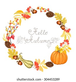 Autumn wreath with pumpkins, acorns, pine cones, rowan and Oriental Bittersweet, vector illustration.