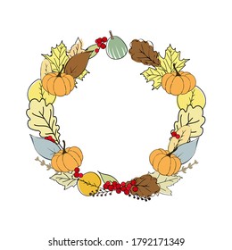 Autumn wreath with pumpkins, leaves, herbs, apples, berries on white background.