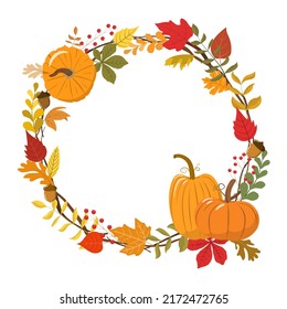 Autumn wreath with pumpkins and leaves. Thanksgiving day, harvest festival banner design template. Vector illustration. Isolated on white background.