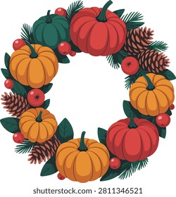 Autumn wreath with pumpkins pine cones and berries fall season