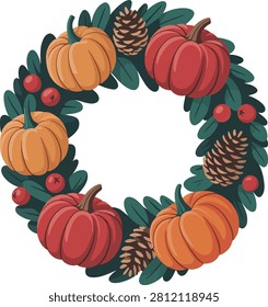 Autumn wreath with pumpkins pine cones and berries fall season