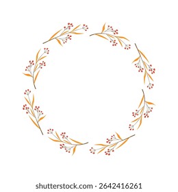 Autumn Wreath with Red Berries and Orange Leaves Hand Drawn Botanical Frame