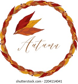 Autumn wreath of red and yellow dry leaves and berries. Hand drawn vector illustration of autumn view