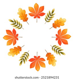 Autumn wreath, round frame of oak, maple and rowan leaves on white background. Empty space for text. Design element for Thanksgiving, for fall sale, for seasonal cards and posters.