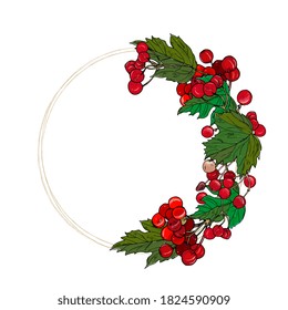 autumn wreath, round frame with red viburnum berries and leaves. Forest border, hand drawing.Template for invitations, packaging, greeting cards.