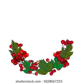 autumn wreath, round frame with red viburnum berries and leaves. Forest border, hand drawing.Template for invitations, packaging, greeting cards.