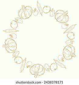 Autumn wreath sketch vegetables vector illustration. Hand drawn harvest circle. Pumpkin, cucumber, bell pepper, tomato, doodle food illustration.