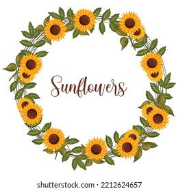 Autumn wreath with sunflowers and green leaves with space for text. Vector illustration isolated white background.