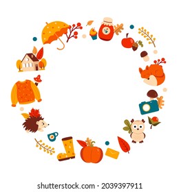 Autumn wreath with various elements: house, animals, mushrooms, berries, jam, leaves, house and more. Vector illustration.