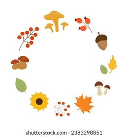 Autumn wreath, vector autumn frame with leaves, berries, mushrooms. Fall decorations for cards, gift tags, labels, stickers. 