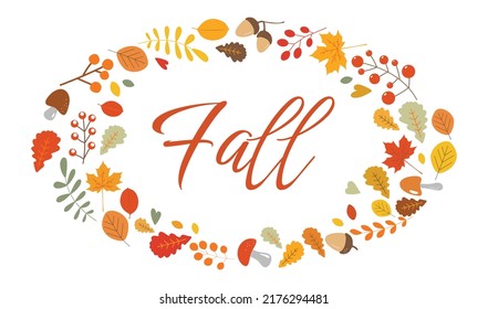 Autumn wreath from vector paints with colorful leaves, mushrooms and acorns. Fall cartoon drawings with text