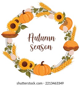 Autumn wreath and wheat  pumpkin   sunflower and space for text  Vector illustration isolated white background 