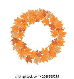 Autumn wreath of yellow maple leaves. Hello autumn. Autumn decorative design. Isolated vector colorful element on a white background. 