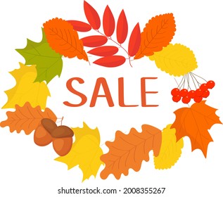 Autumn wreath of yellow and orange leaves, seasonal sale - bright banner. Flyer design for selling goods, flat cartoon style.